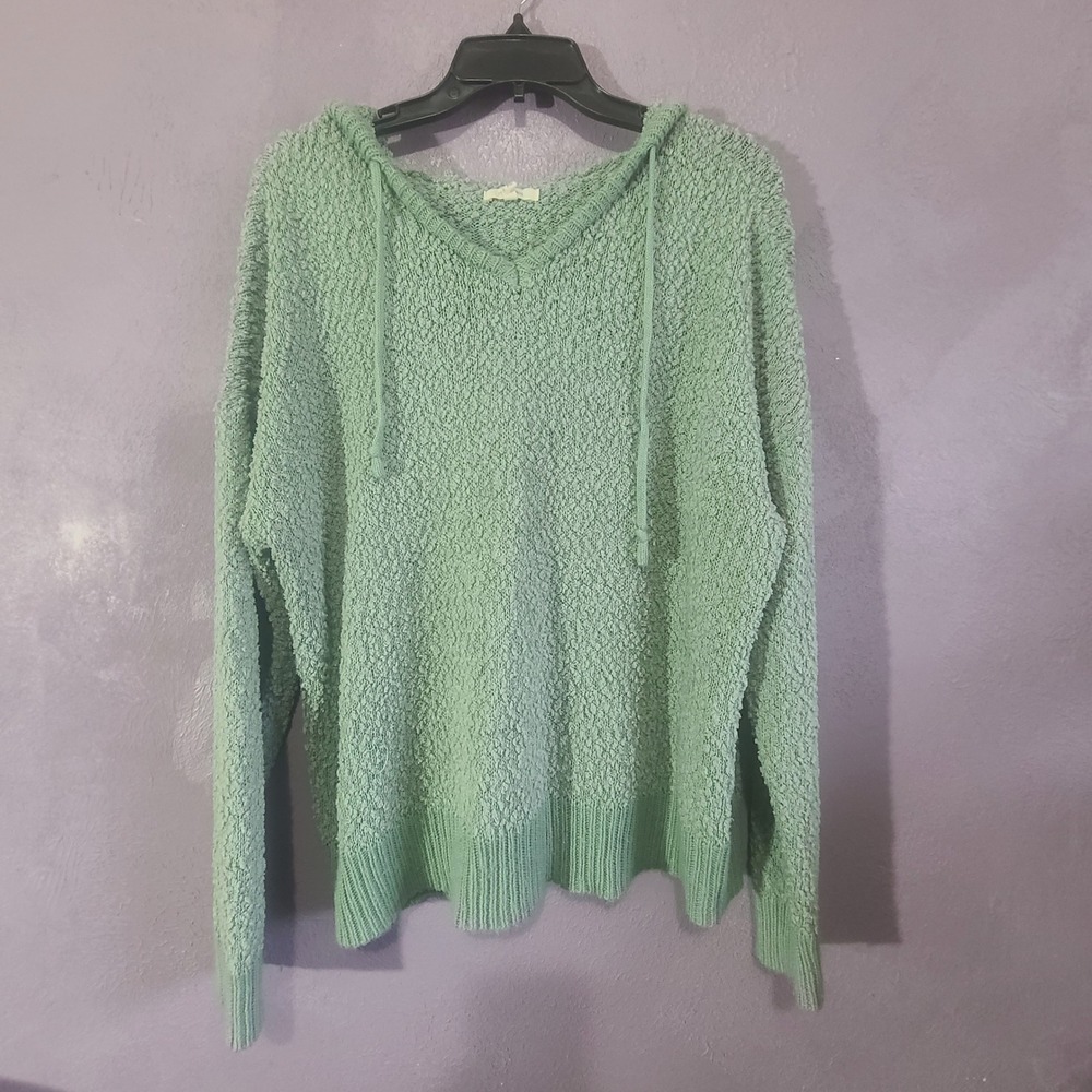 Maurices Sweater Women XL Sage Green Popcorn Knit Hooded V-Neck Pullover Drawstr